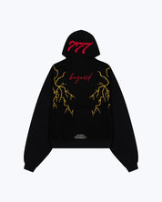 Black 777 lightning graphic hoodie by Dope Beyond, fabric detail