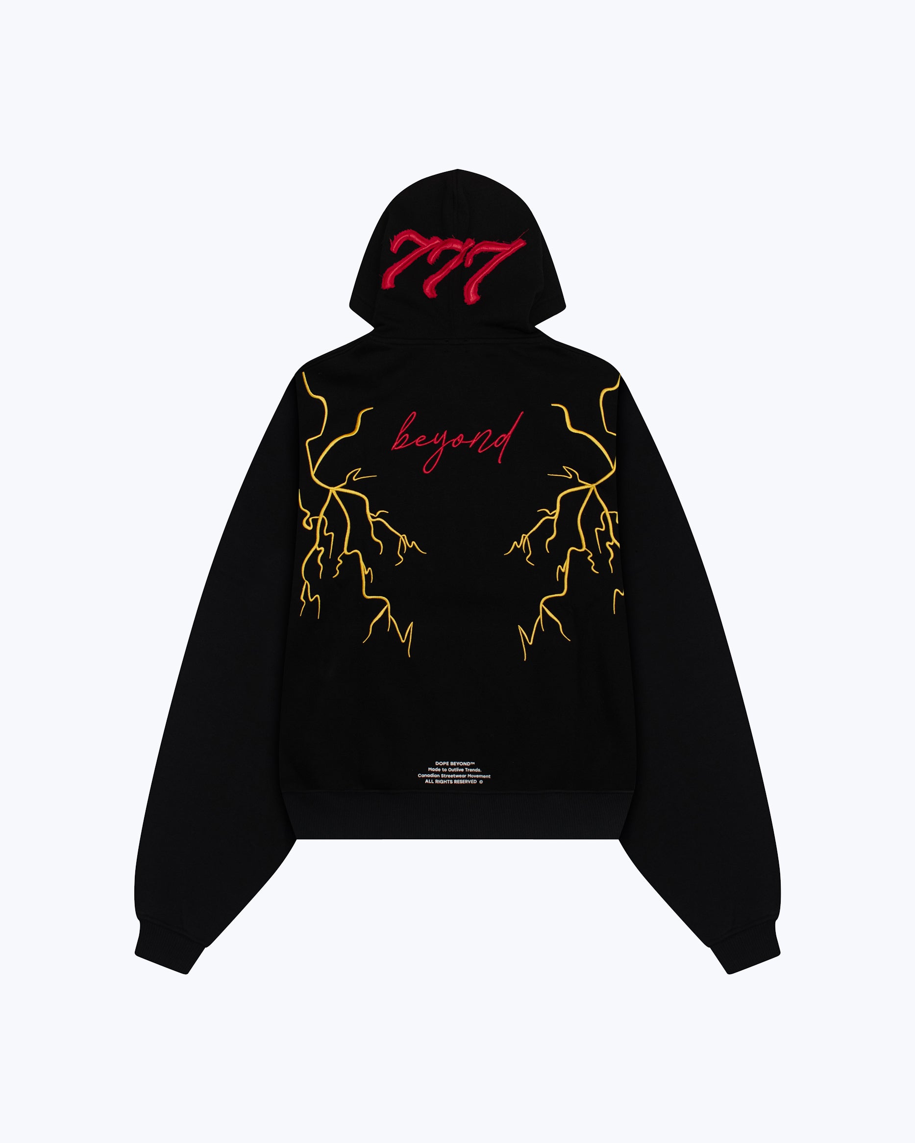 Black 777 lightning graphic hoodie by Dope Beyond, fabric detail