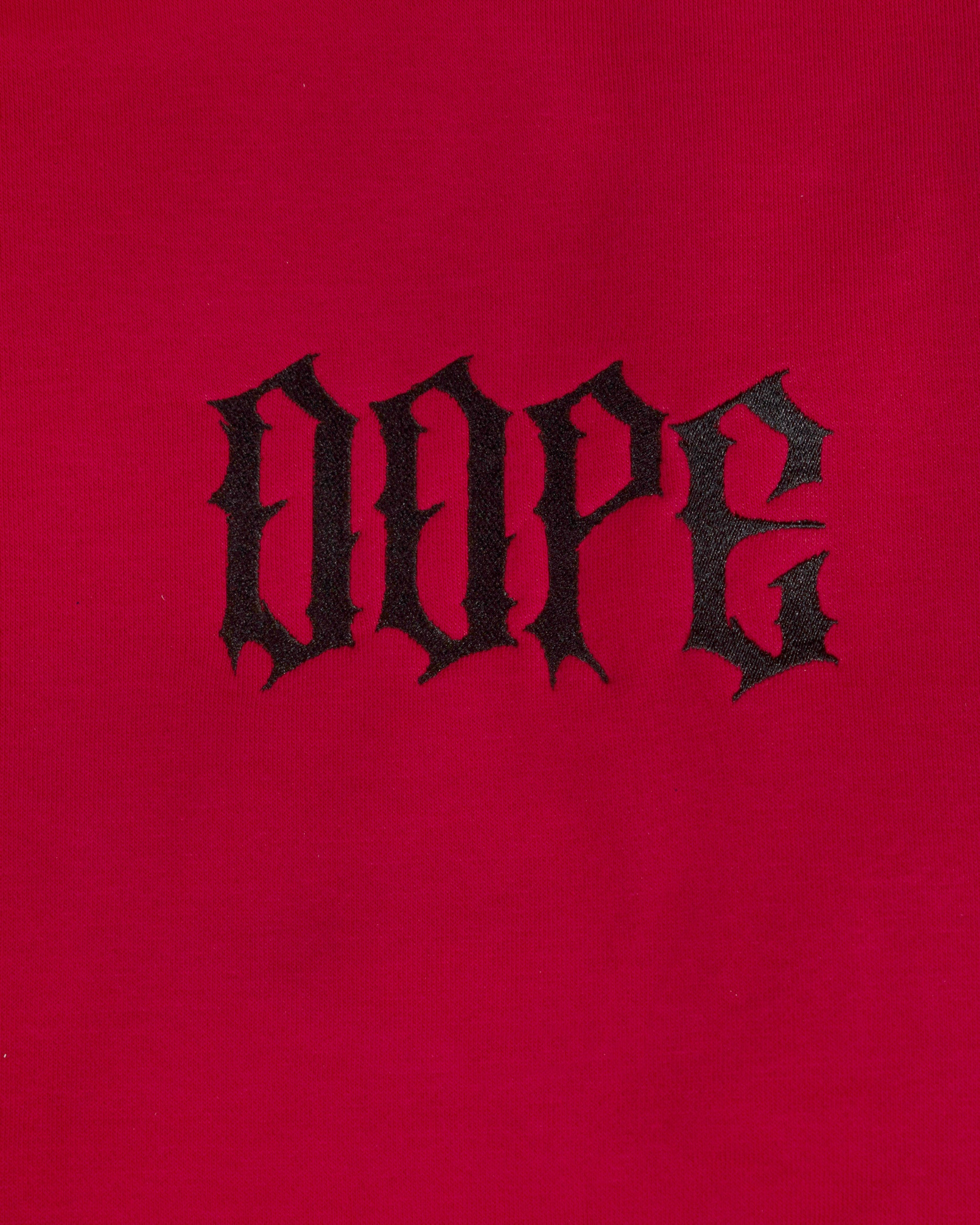 Red 222 angel number hoodie by Dope Beyond, hood detail