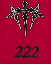 Red 222 angel number hoodie by Dope Beyond, on model back