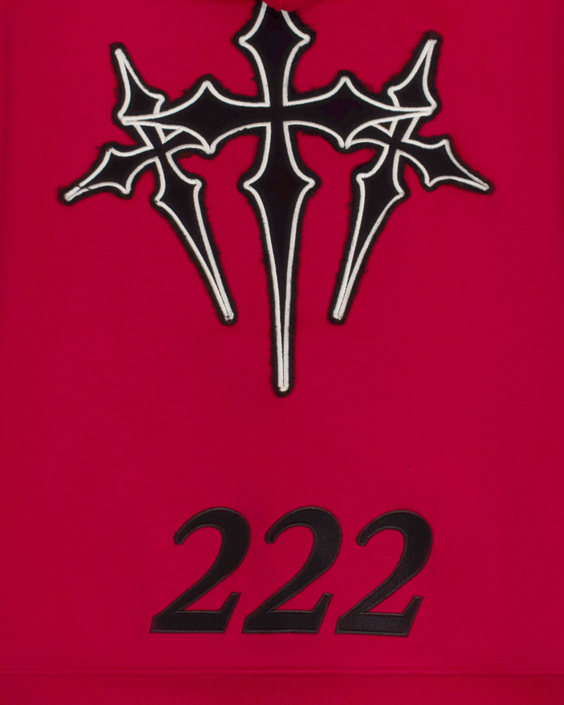 Red 222 angel number hoodie by Dope Beyond, on model back