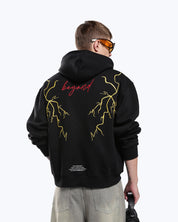 Black 777 lightning graphic hoodie by Dope Beyond, front view