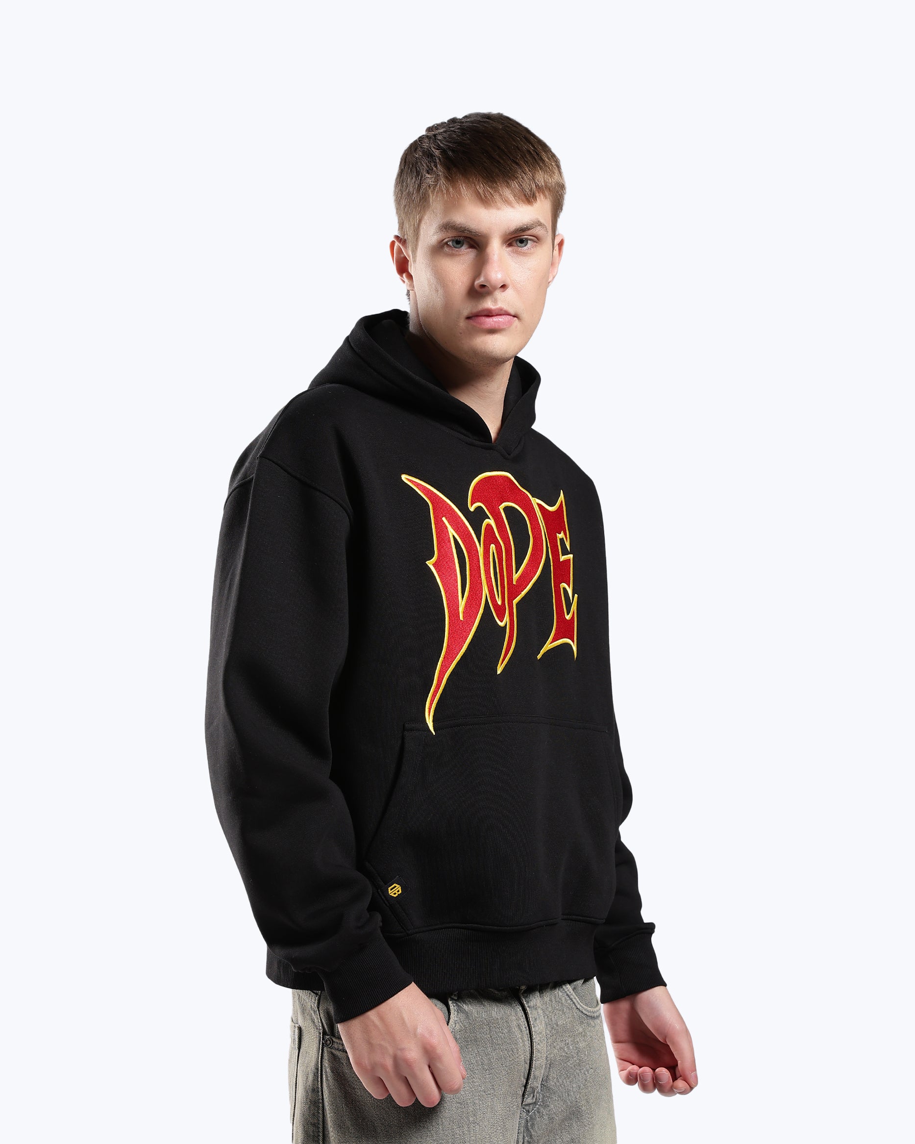 Black 777 lightning graphic hoodie by Dope Beyond, on model front