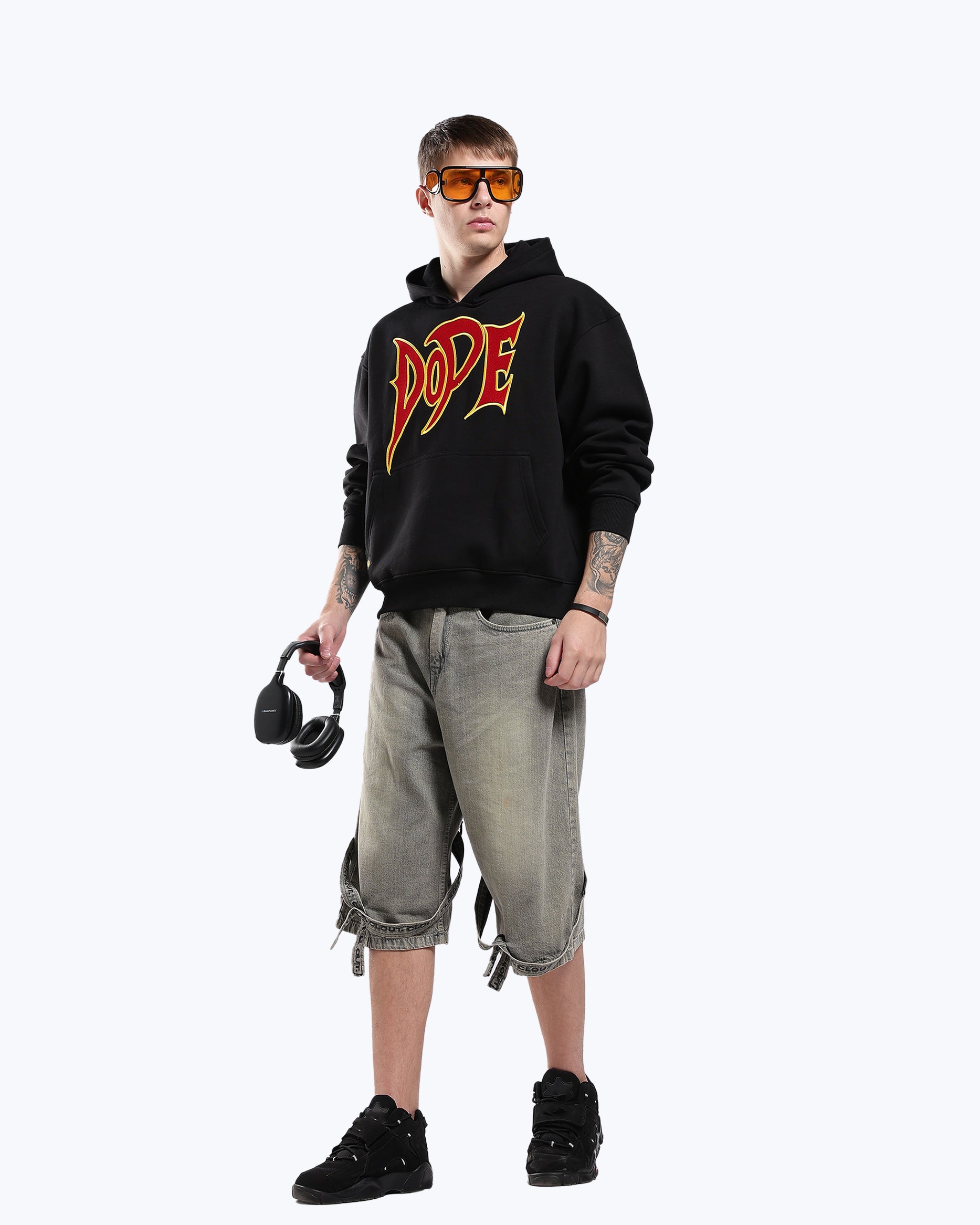 Black 777 lightning graphic hoodie by Dope Beyond, on model back