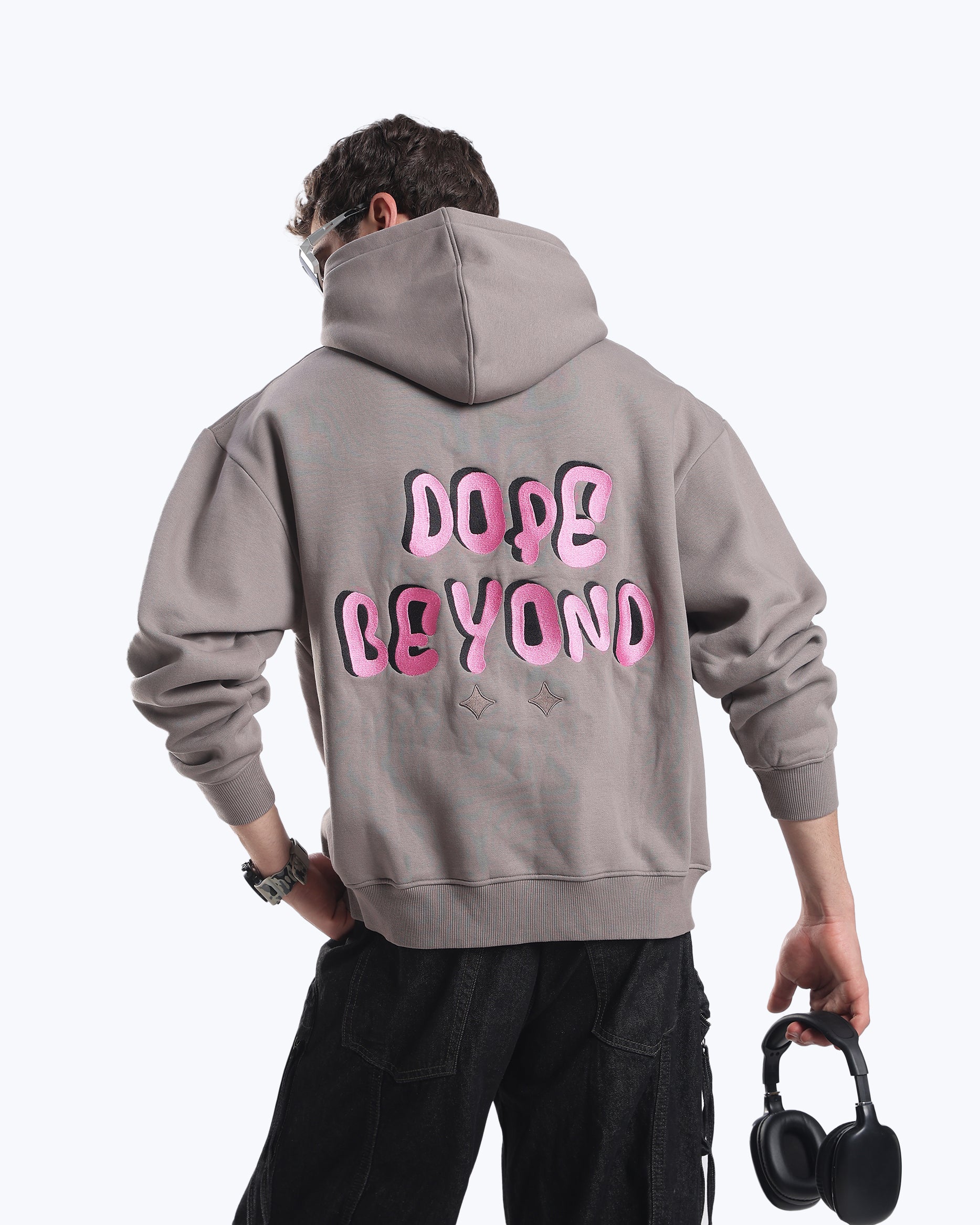 Grey 11:11 angel number hoodie by Dope Beyond, on model front