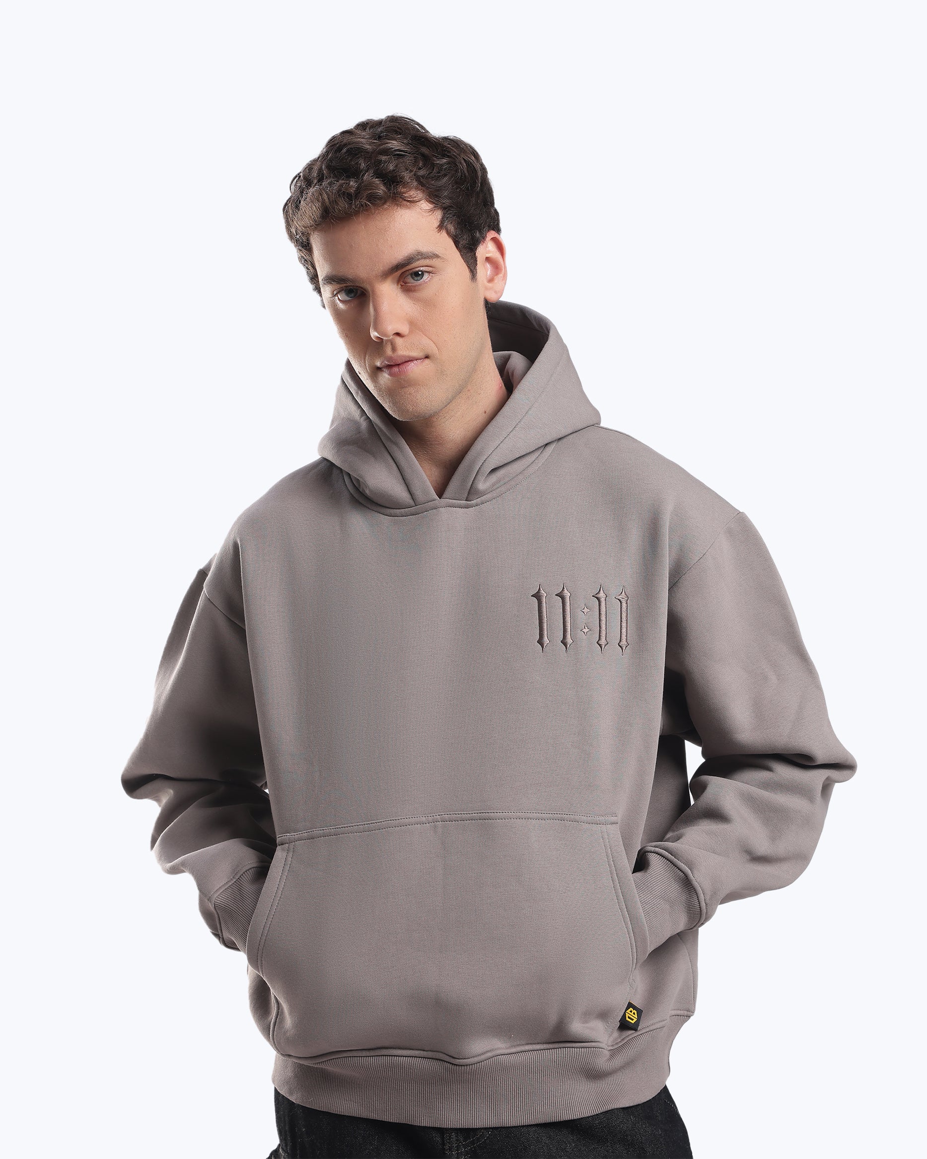 Grey 11:11 angel number hoodie by Dope Beyond, gothic chest detail