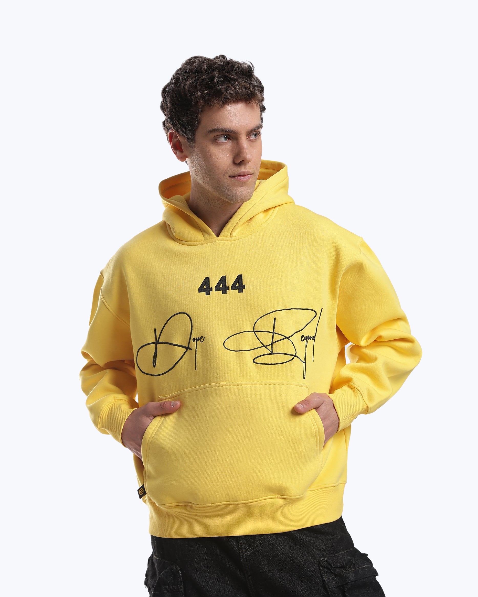 Yellow 444 angel number hoodie by Dope Beyond, front view
