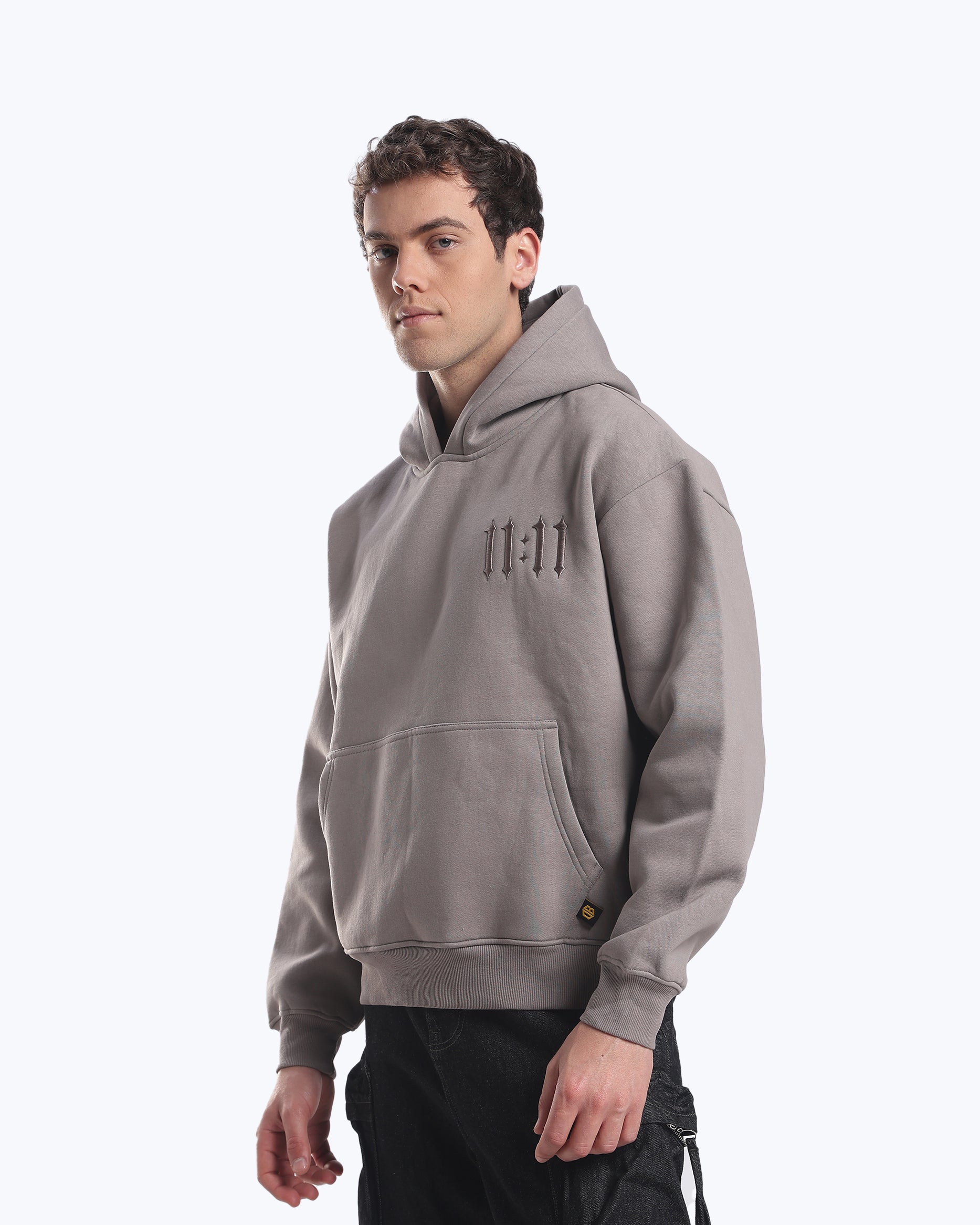 Grey 11:11 angel number hoodie by Dope Beyond, pink back graphic detail