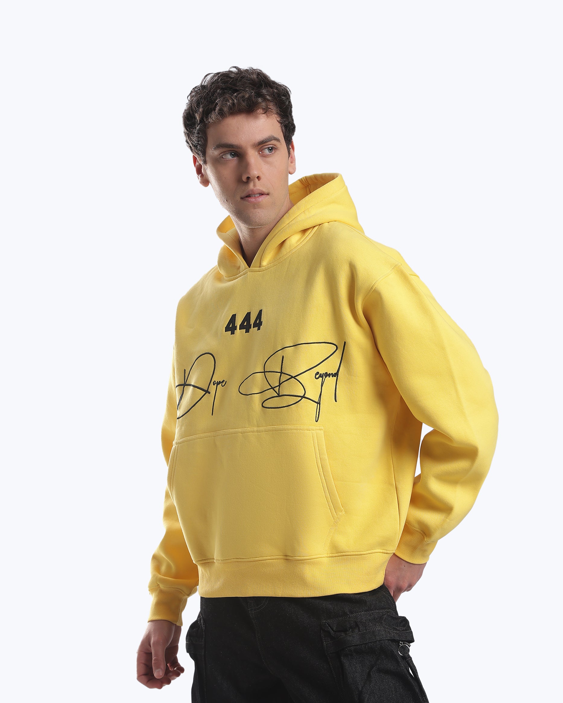 Yellow 444 angel number hoodie by Dope Beyond, hood detail