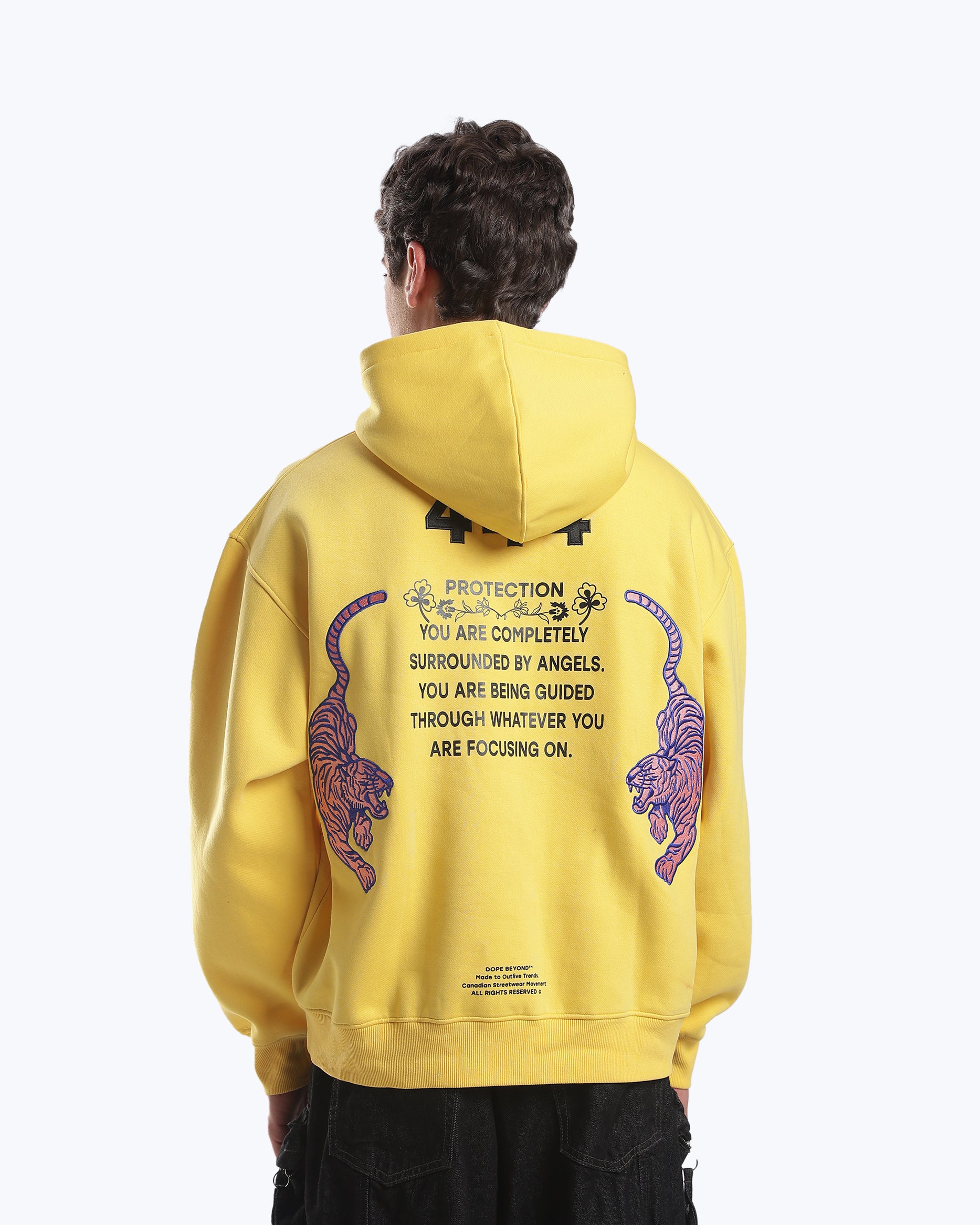 Yellow 444 angel number hoodie by Dope Beyond, on model back