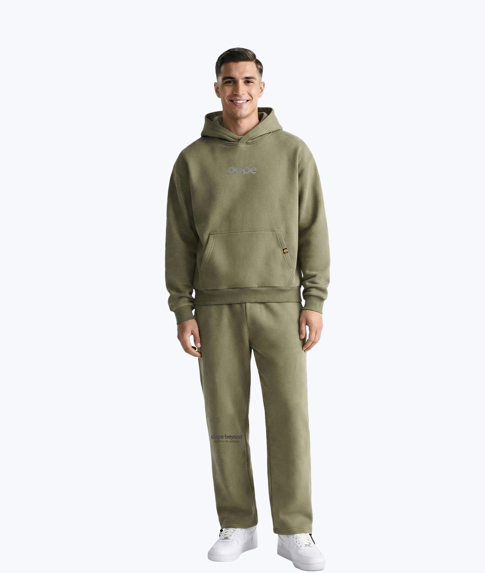 Olive green Legends hoodie and joggers set by Dope Beyond – front view on male model