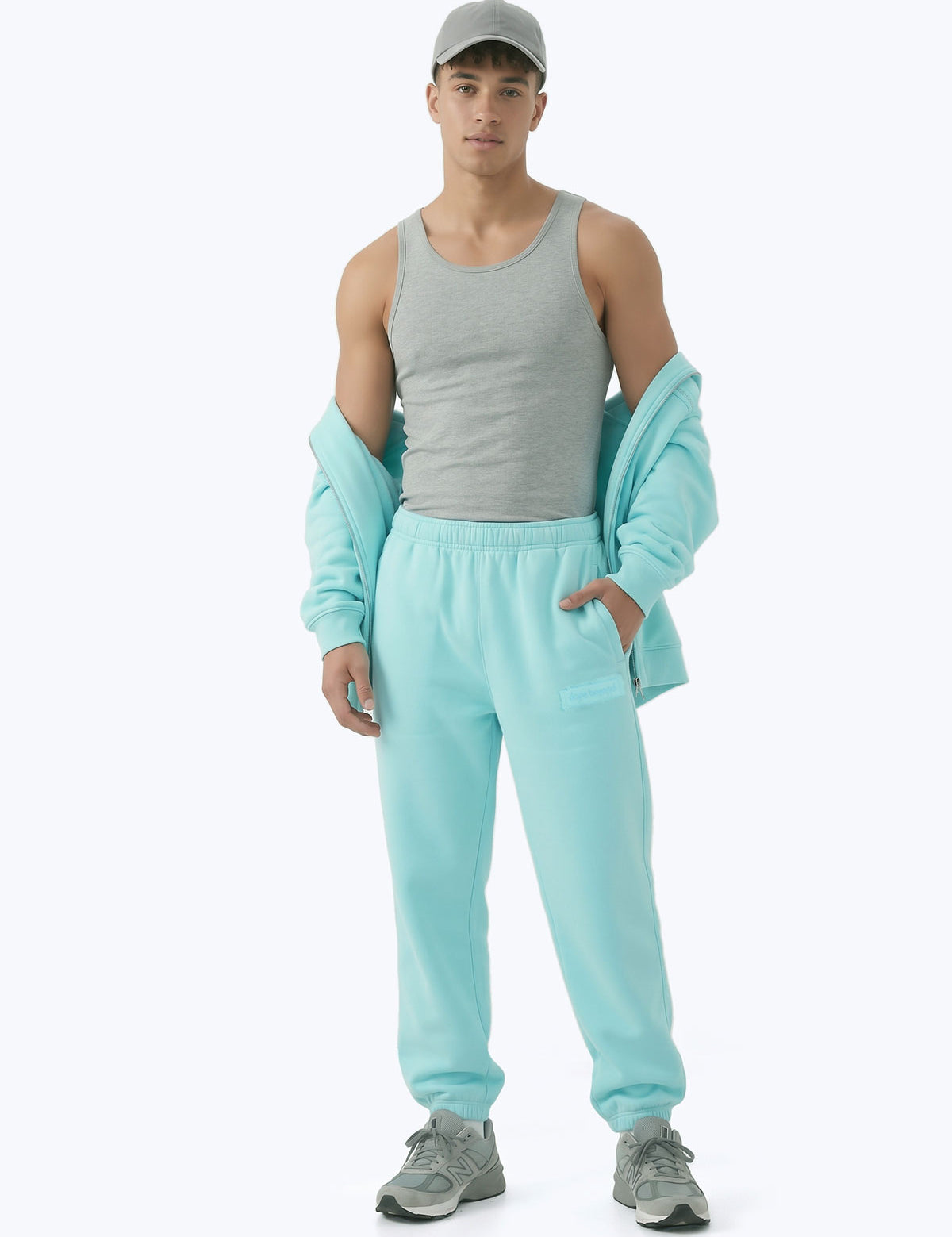 Aqua blue Signature heavyweight joggers by Dope Beyond – front view on male model