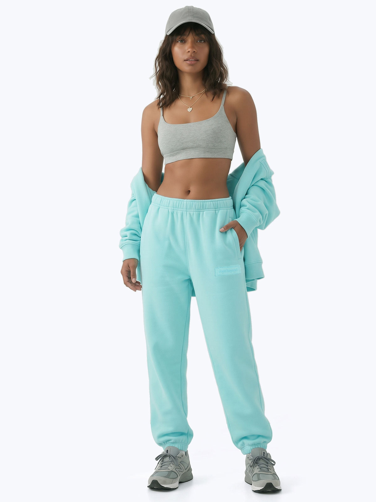 Aqua blue Signature heavyweight joggers by Dope Beyond – front view on female model