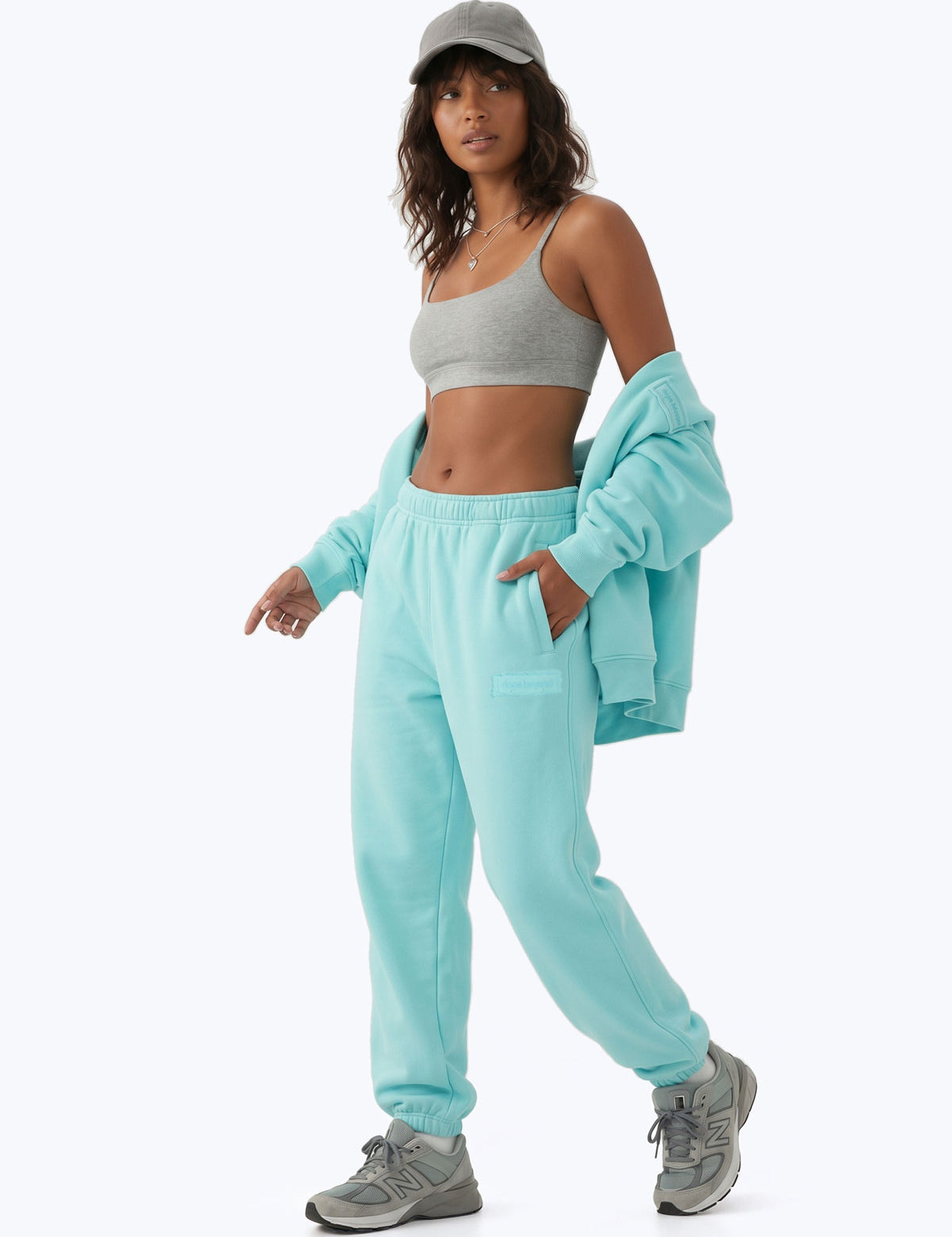 Aqua blue Signature heavyweight joggers by Dope Beyond – female model walking