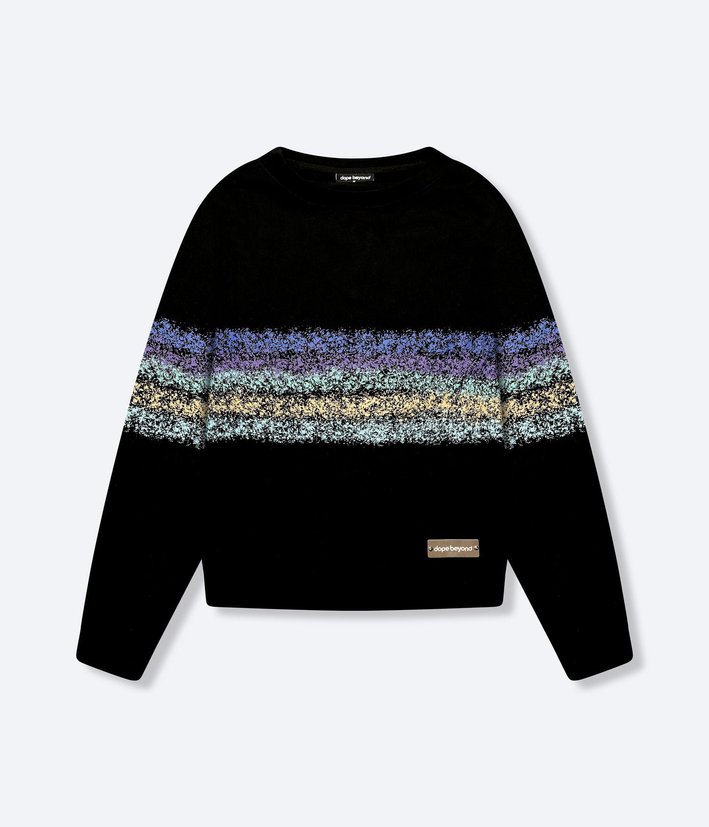 Dope Beyond Crewneck Sweatshirt in black with multicolor horizontal stripe design and logo patch