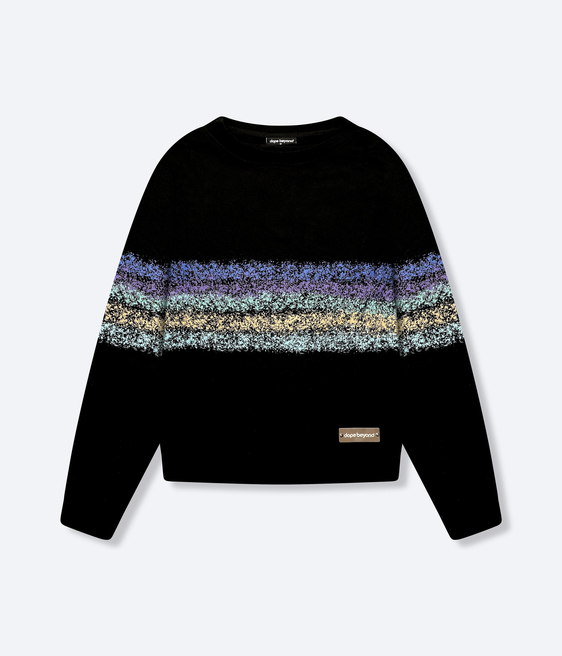 Dope Beyond Crewneck Sweatshirt in black with multicolor horizontal stripe design and logo patch