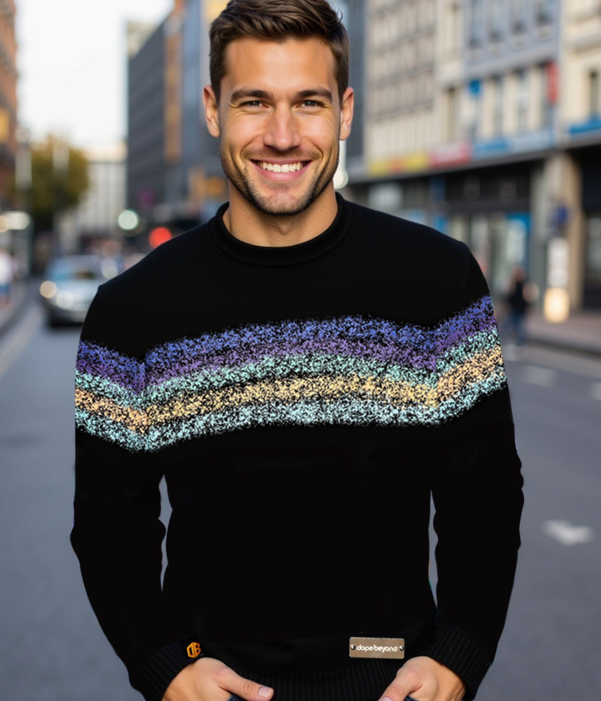 man wearing black Dope Beyond Crewneck Sweatshirt with colorful textured stripes on city street