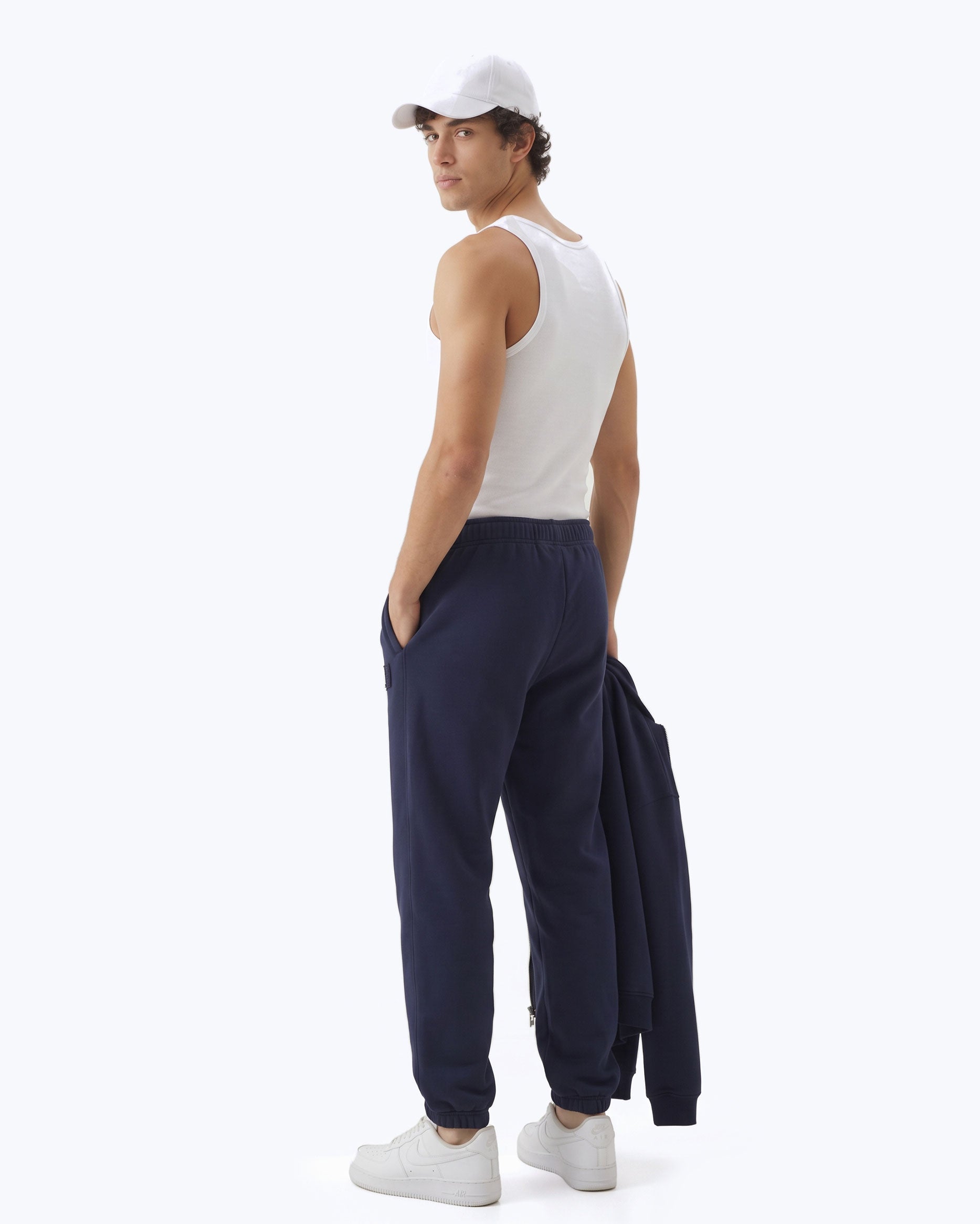 Ink navy Signature heavyweight joggers by Dope Beyond – back view on male model