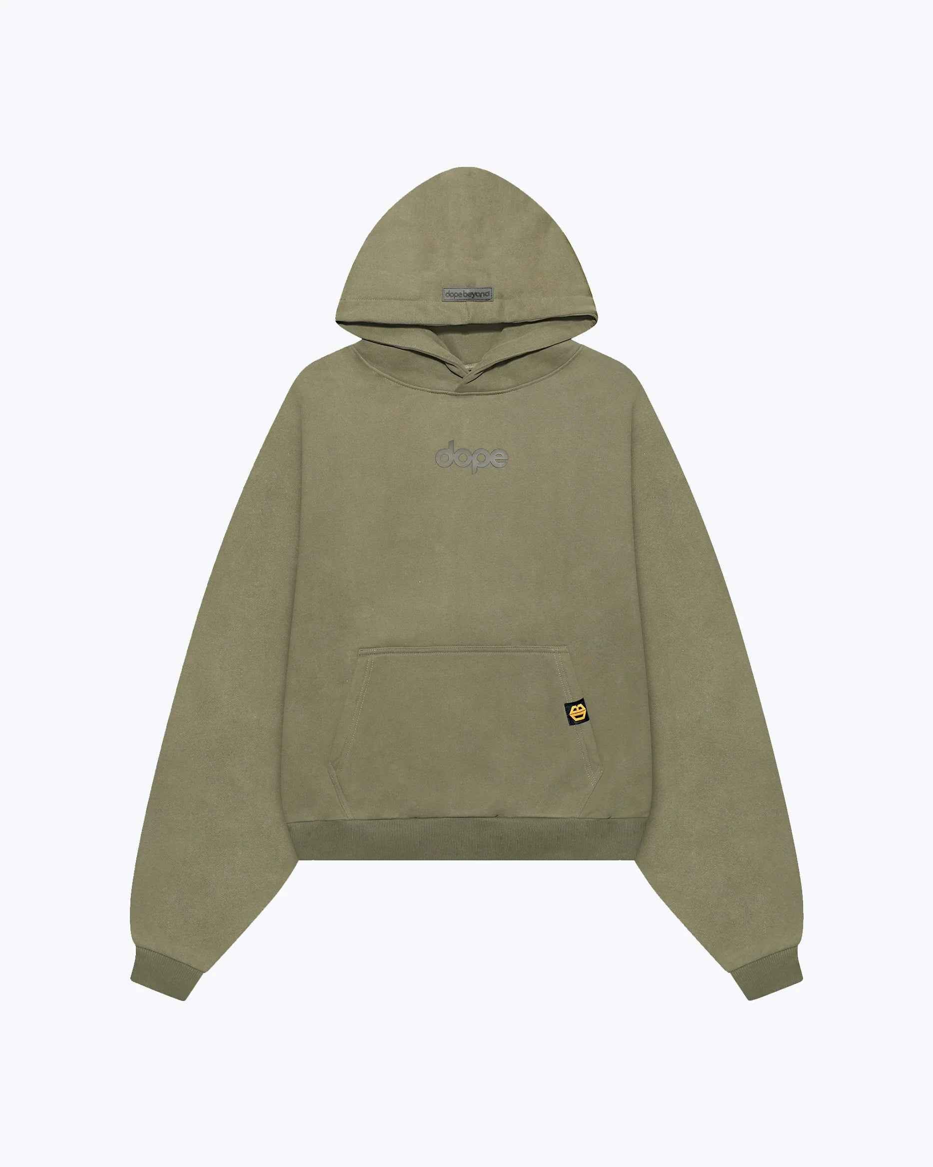 Olive green Legends oversized heavyweight hoodie by Dope Beyond, hood detail