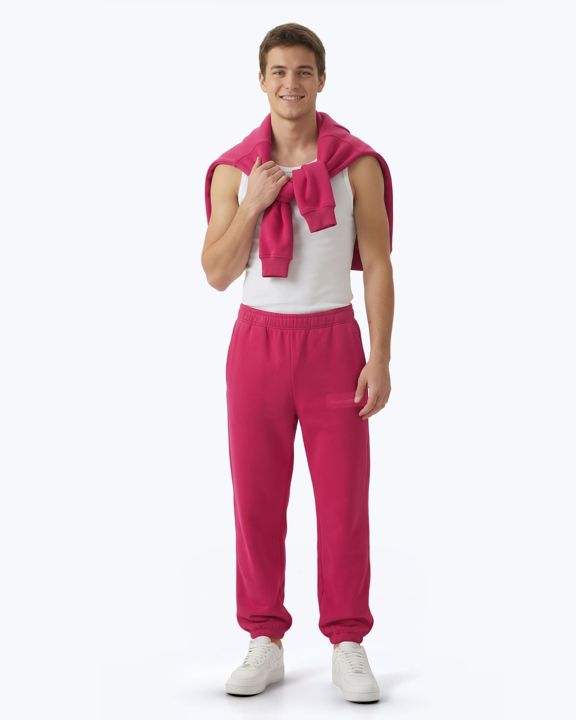 Hot pink Signature heavyweight joggers by Dope Beyond – front view on male model