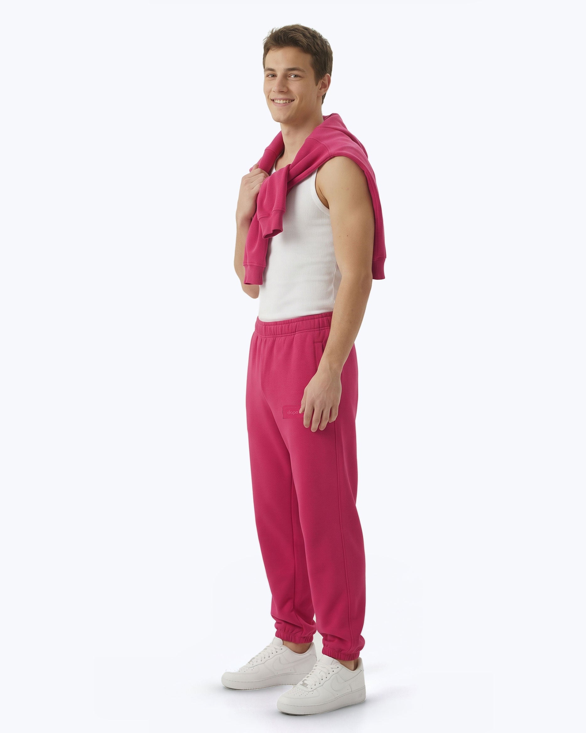 Hot pink Signature heavyweight joggers by Dope Beyond – side view on male model