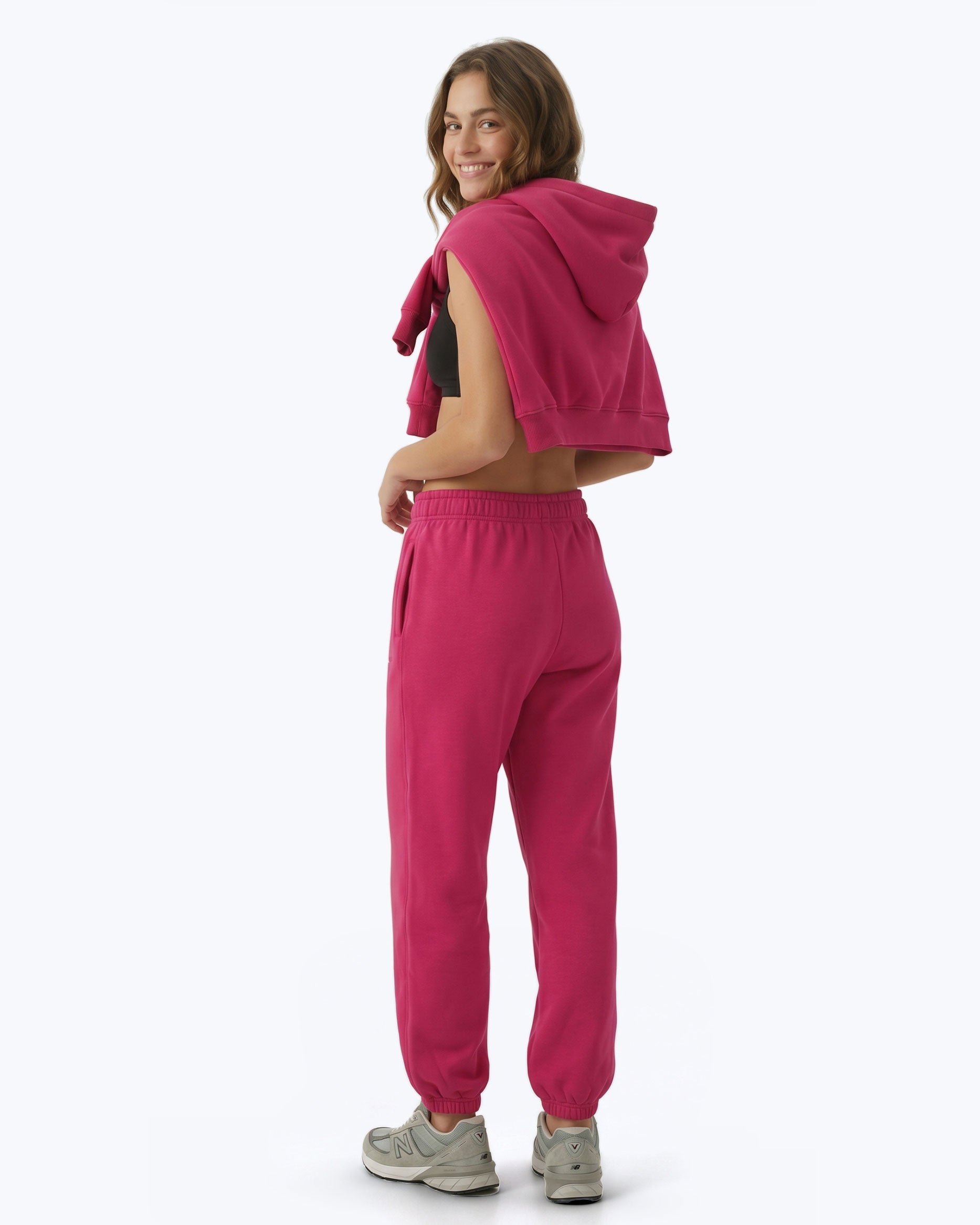 Hot pink Signature heavyweight joggers by Dope Beyond – back view on female model