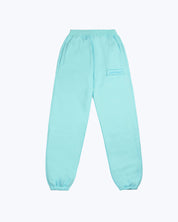 Light blue dope beyond jogger pants with elastic cuffs and side pockets on white background