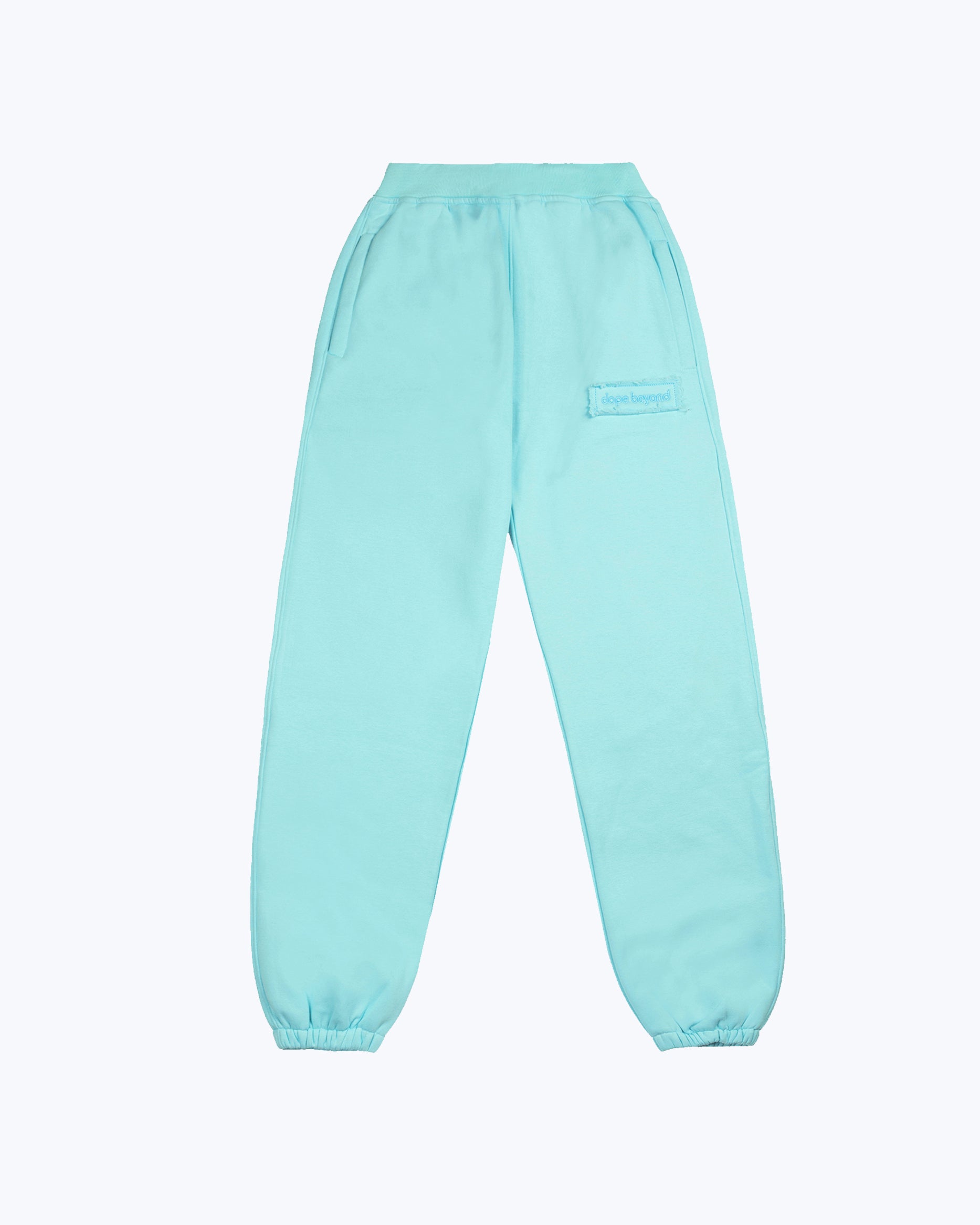 Light blue dope beyond jogger pants with elastic cuffs and side pockets on white background