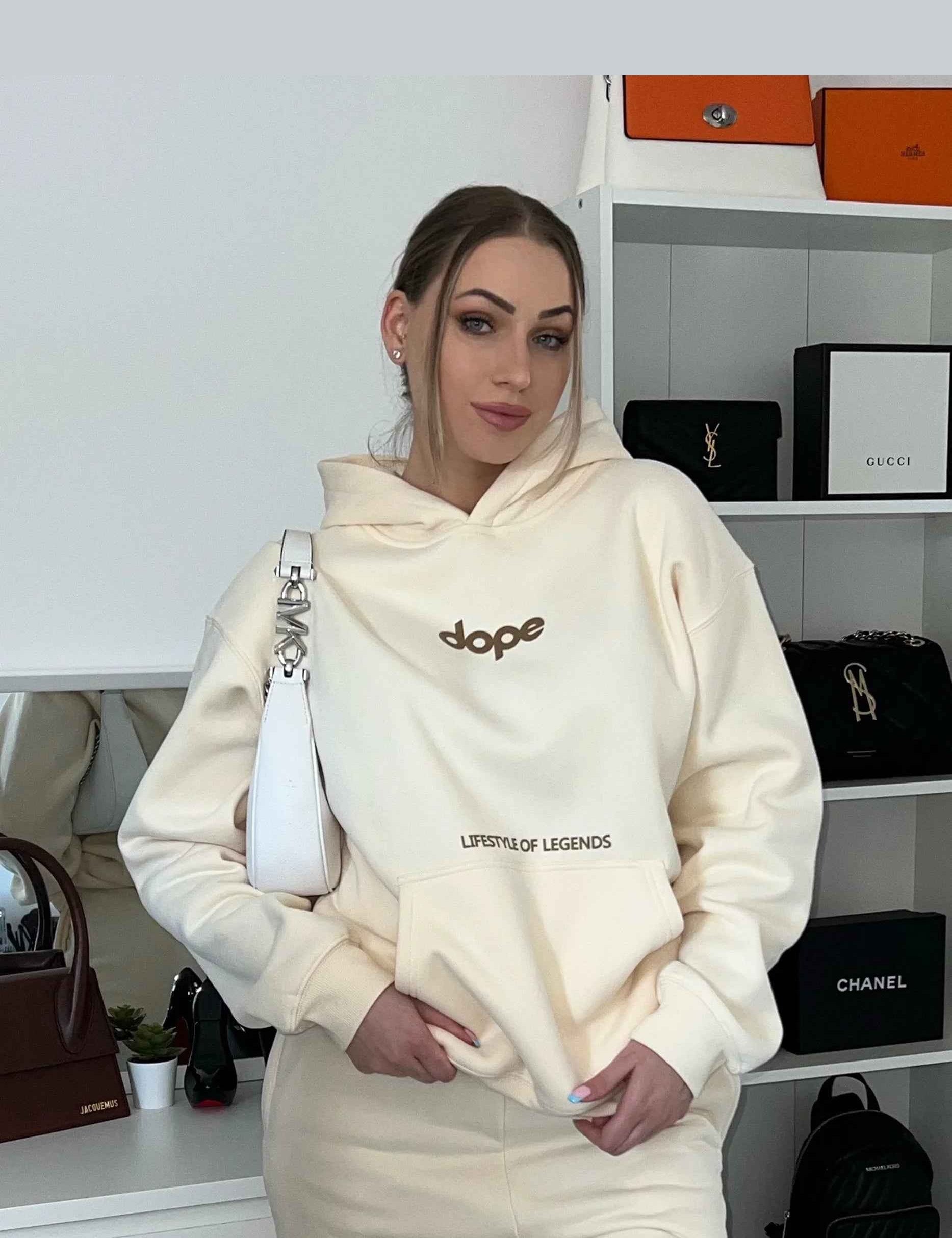 Beige Legends heavyweight hoodie by Dope Beyond – front view on female model with the matching joggers