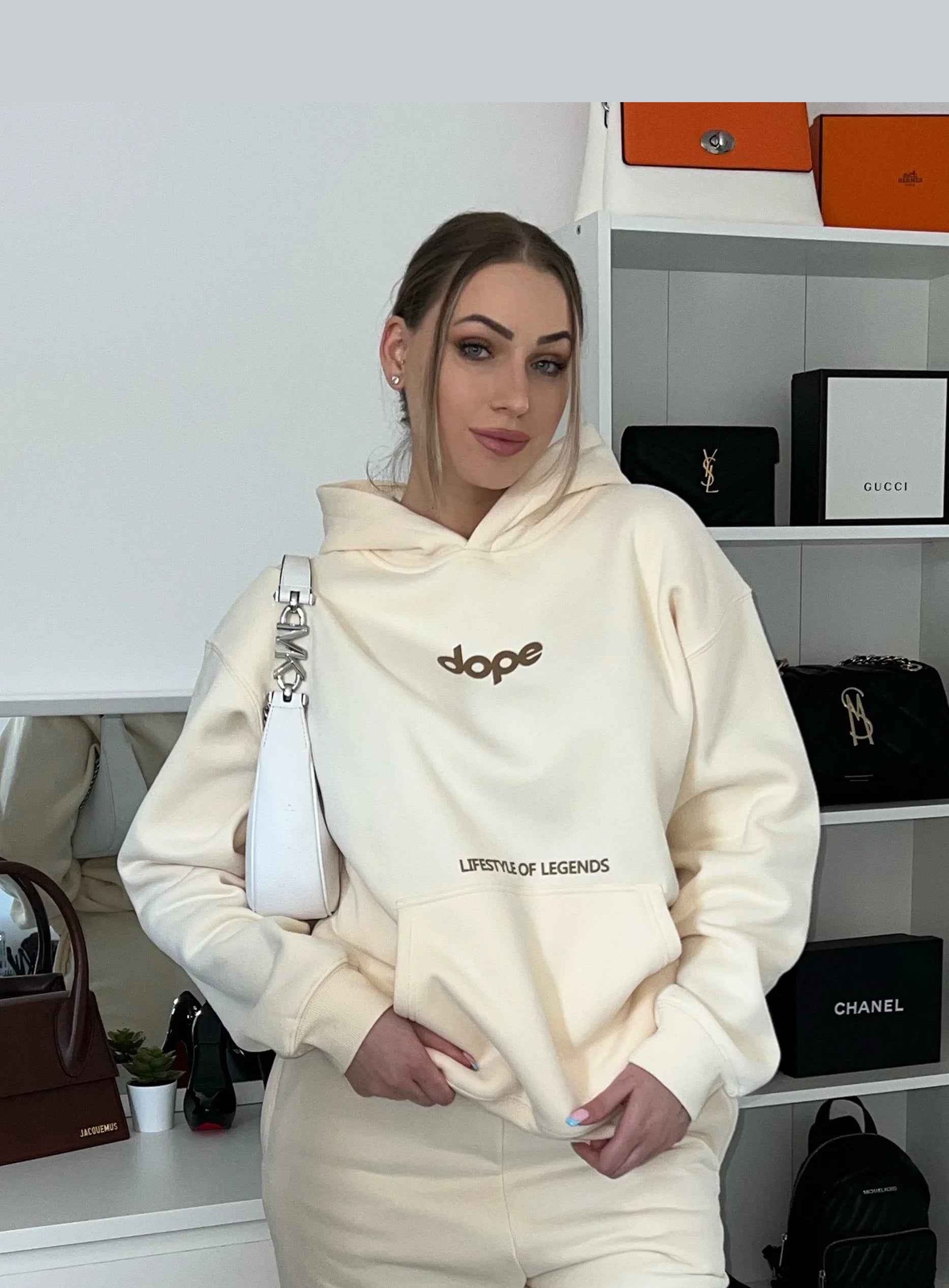Beige Legends heavyweight hoodie by Dope Beyond – front view on female model with the matching joggers