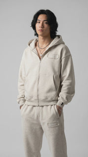 Ecru melange (light heather grey) Signature heavyweight zip hoodie by Dope Beyond – studio video on male model