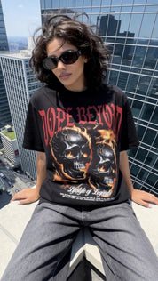 Black Shadow Skull heavyweight tee by Dope Beyond – rooftop video on female model