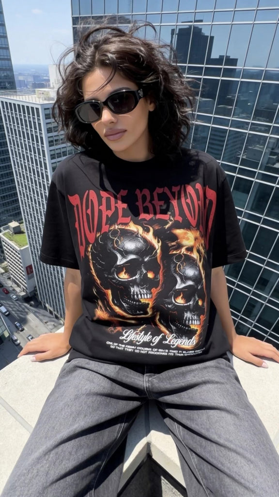 Black Shadow Skull heavyweight tee by Dope Beyond – rooftop video on female model