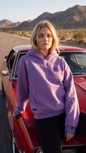 Lavender Signature heavyweight hoodie by Dope Beyond – video on female model with a red car