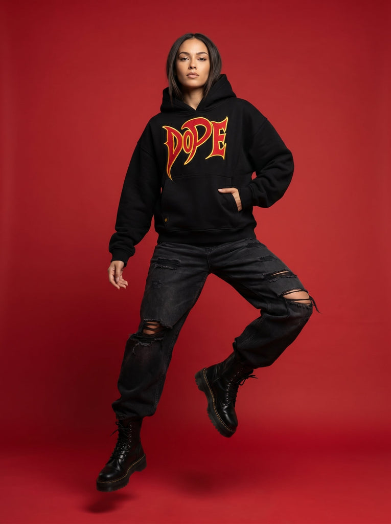 Black 777 angel number hoodie by Dope Beyond – cinematic video with red-and-gold DOPE embroidery