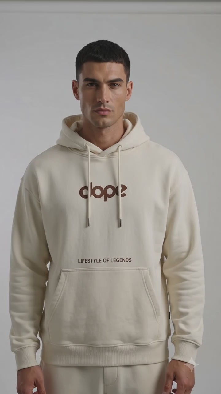 Beige Legends heavyweight hoodie by Dope Beyond – studio video on male model