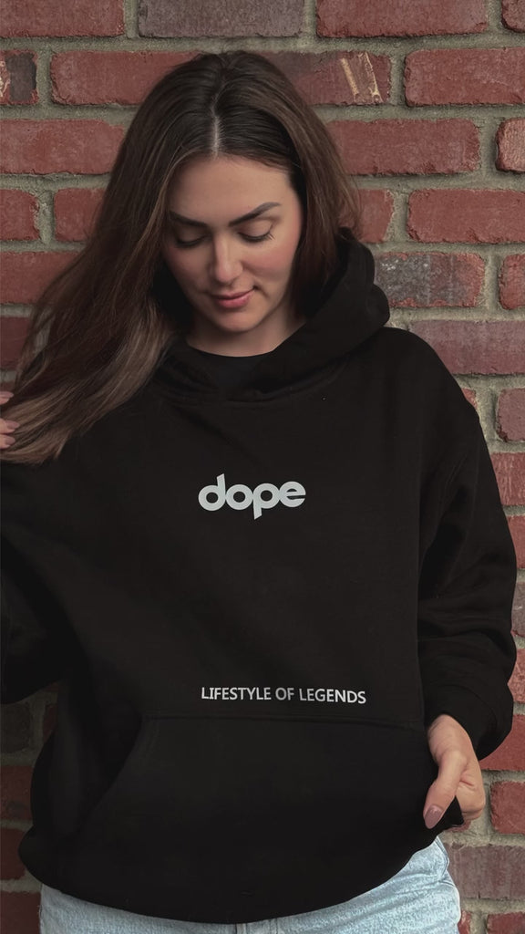 Jet black Legends heavyweight hoodie by Dope Beyond – video on female model