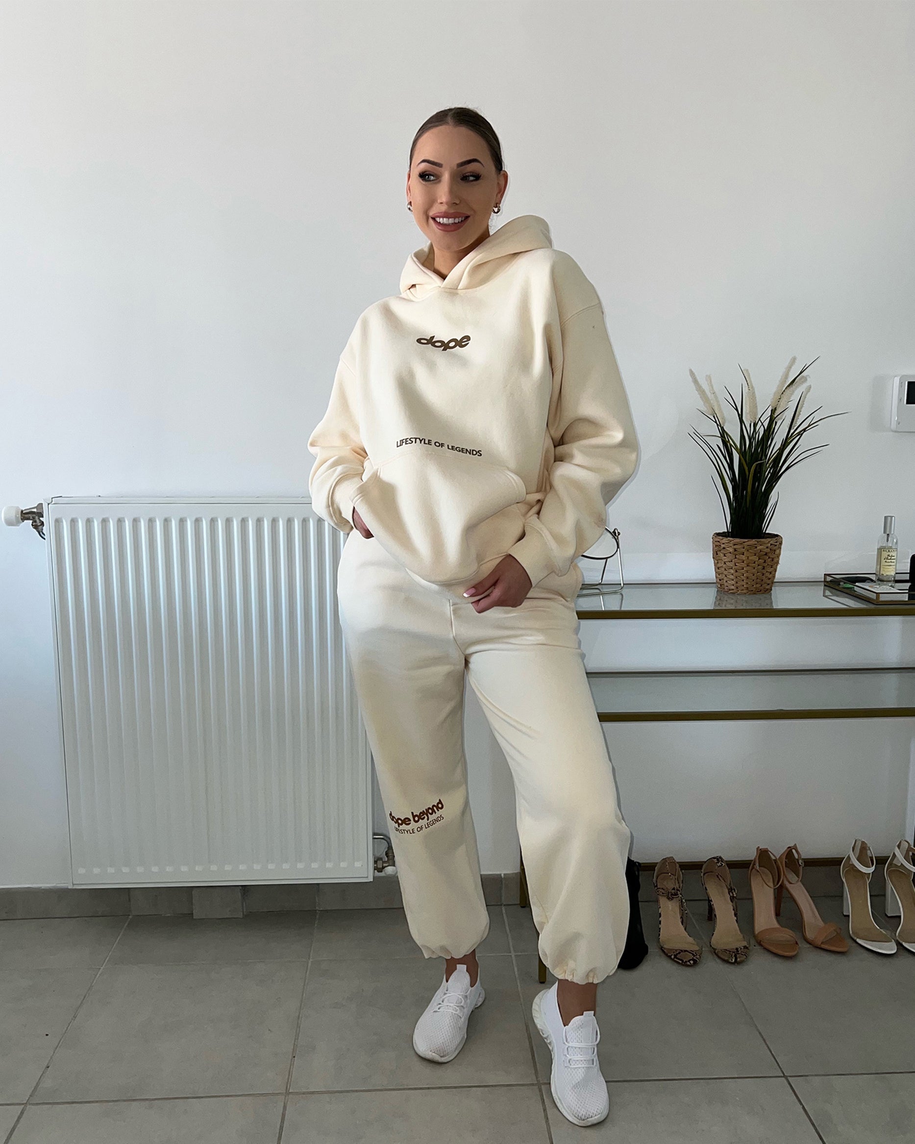 Beige Legends hoodie and joggers co-ord set by Dope Beyond – unboxing and try-on video on male model