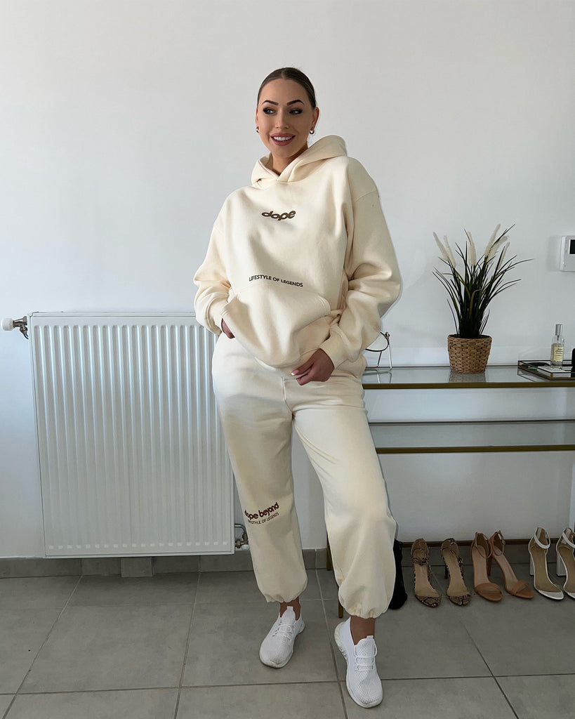 Beige Legends hoodie and joggers co-ord set by Dope Beyond – unboxing and try-on video on male model