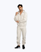 Ecru melange heavyweight zip hoodie and joggers by Dope Beyond – video on male model