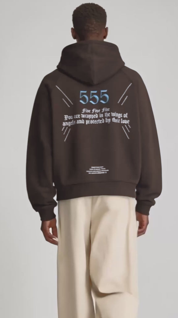 Brown 555 angel number hoodie by Dope Beyond – studio video on male model
